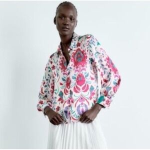 Zara Floral Satin Button Down Long Sleeve Blouse Small Preppy Boho Pink